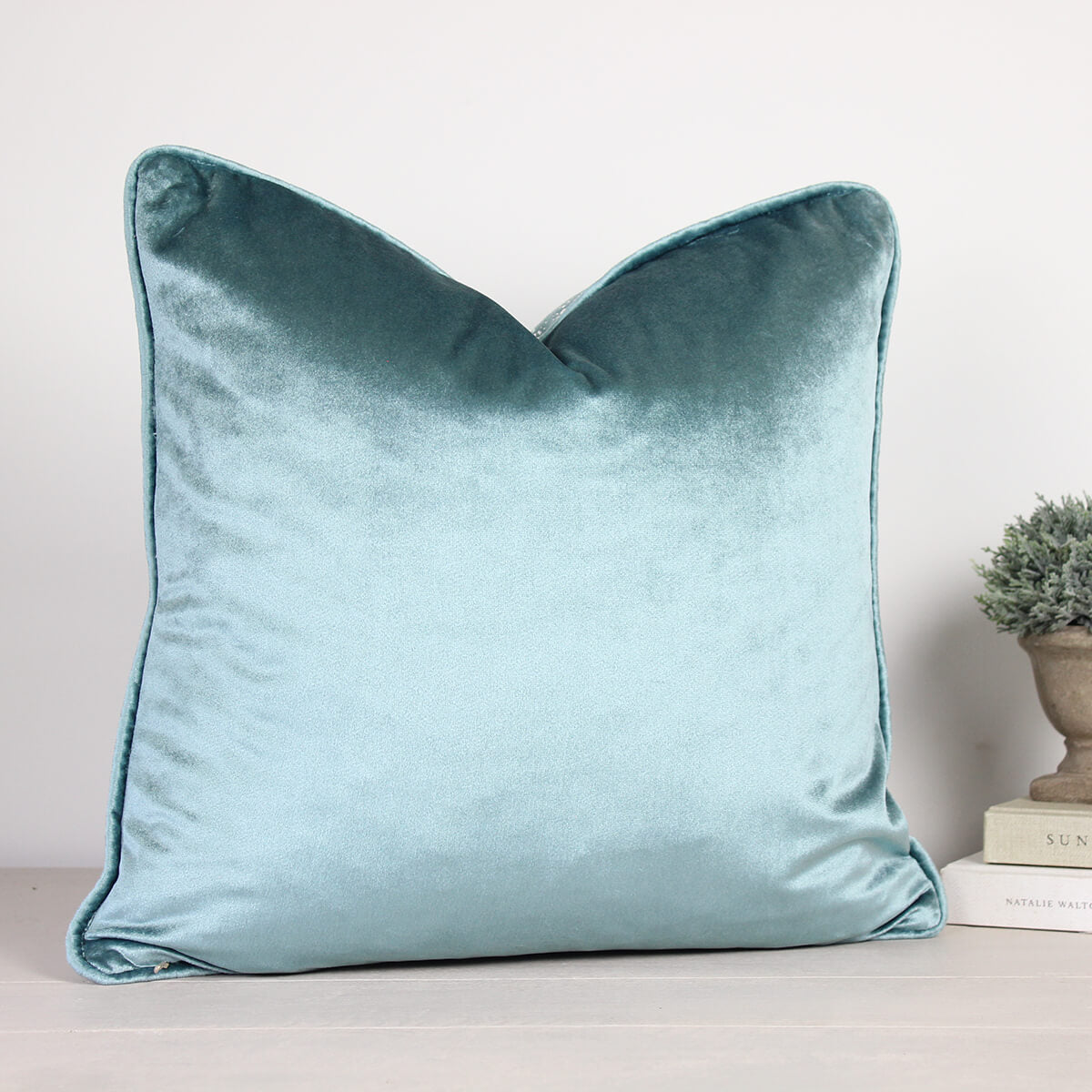Glamour Duck Egg Velvet Piped Cushion