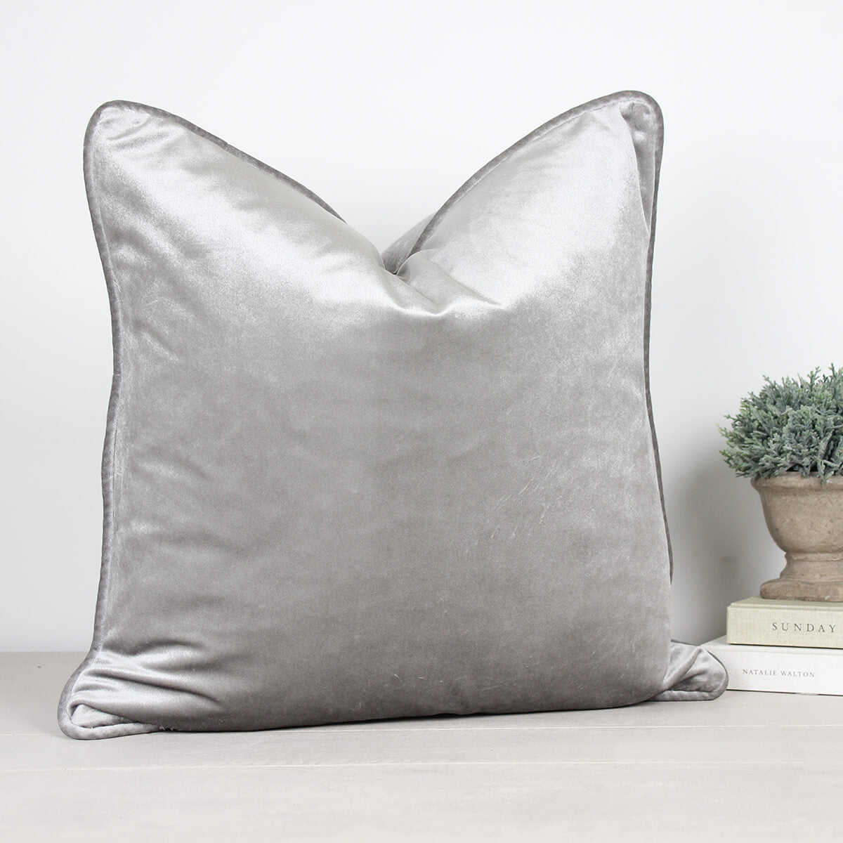 Glamour Silver Grey Velvet Piped Cushion
