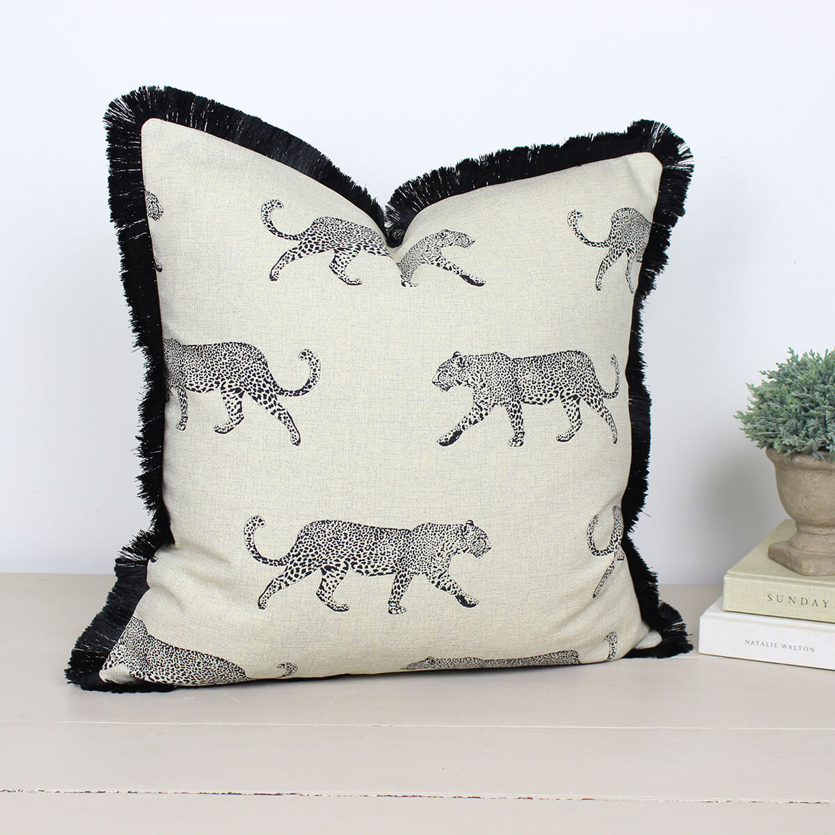 Leopard Natural Cushion with Black Fringe
