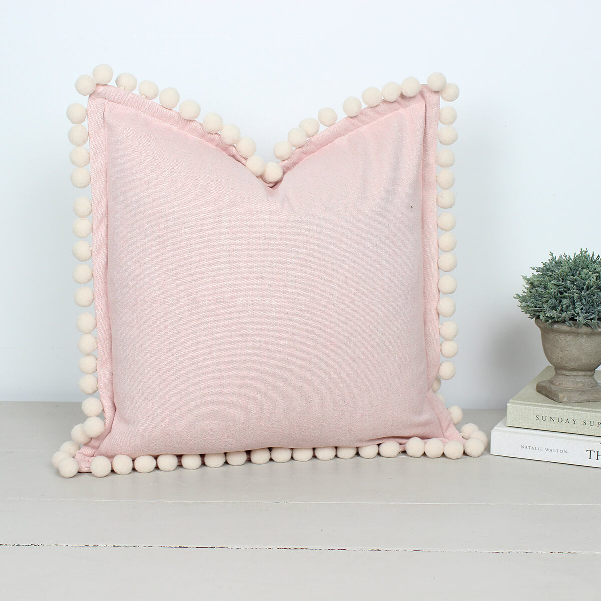 Pink Oxford Pom Pom Cushion