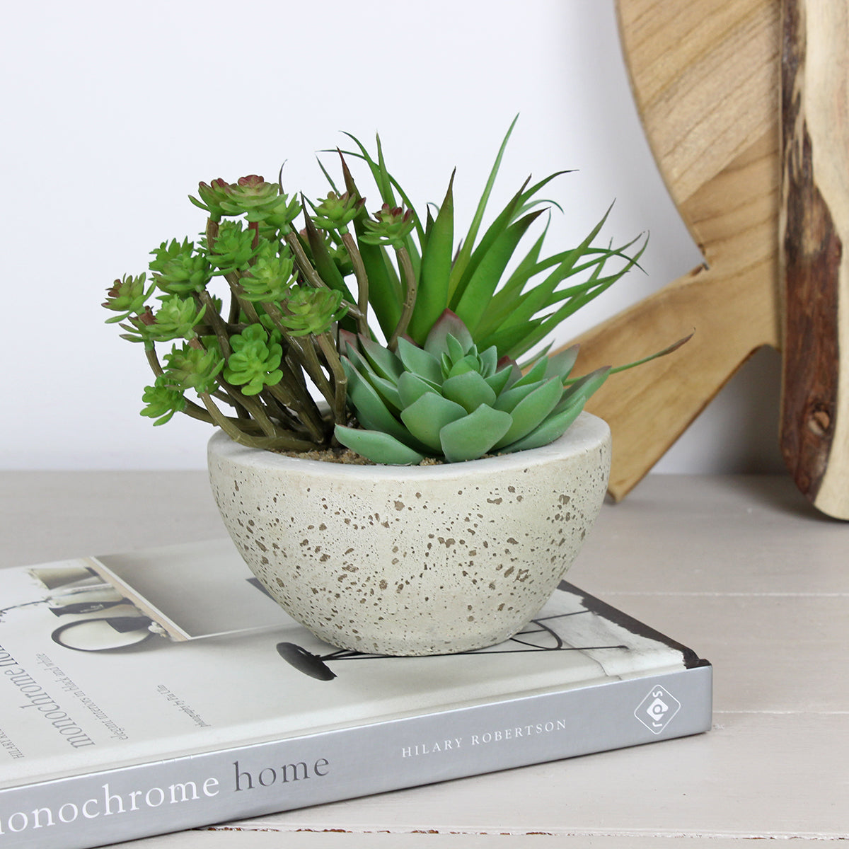 Faux Green Succulents in Grey Cement Bowl