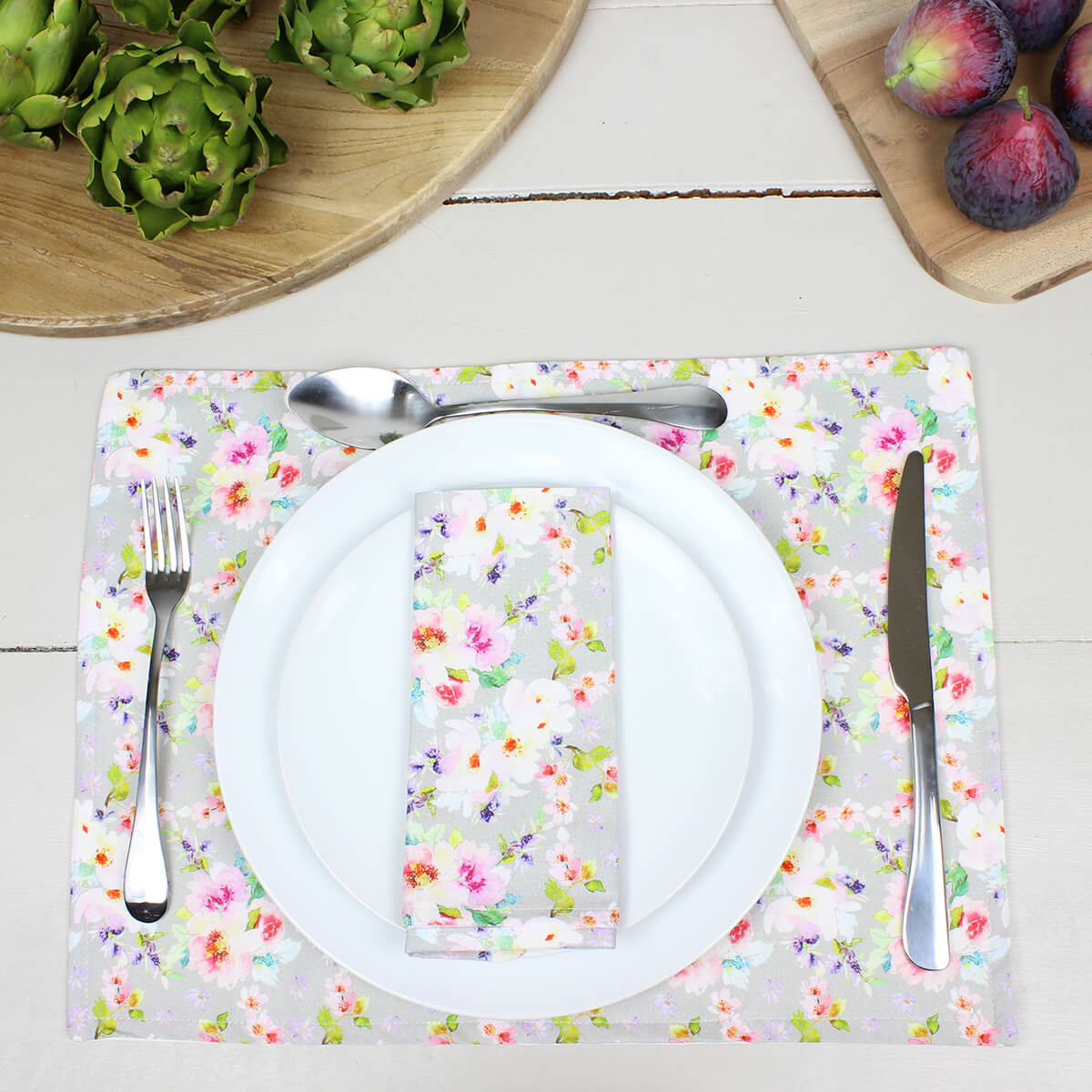 Silver Garden Roses Fabric Placemat