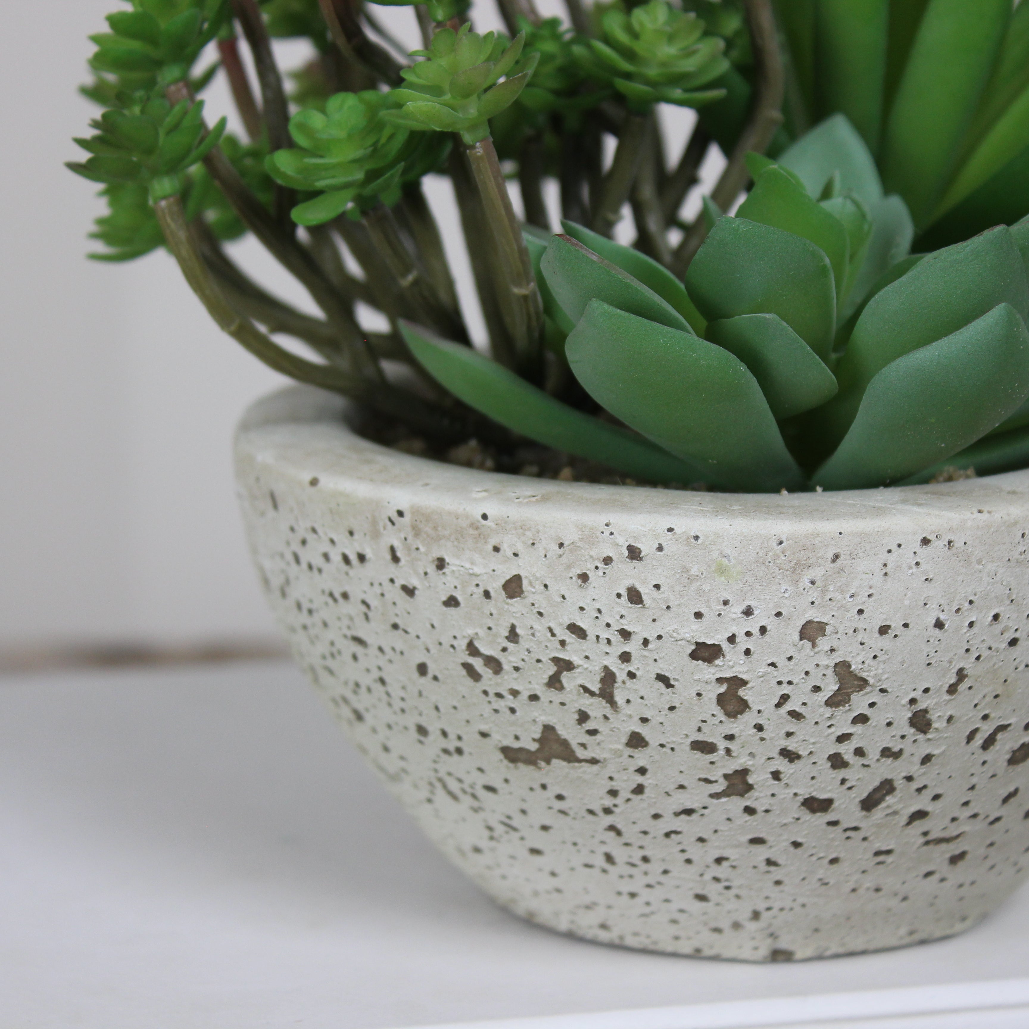 Faux Green Succulents in Grey Cement Bowl