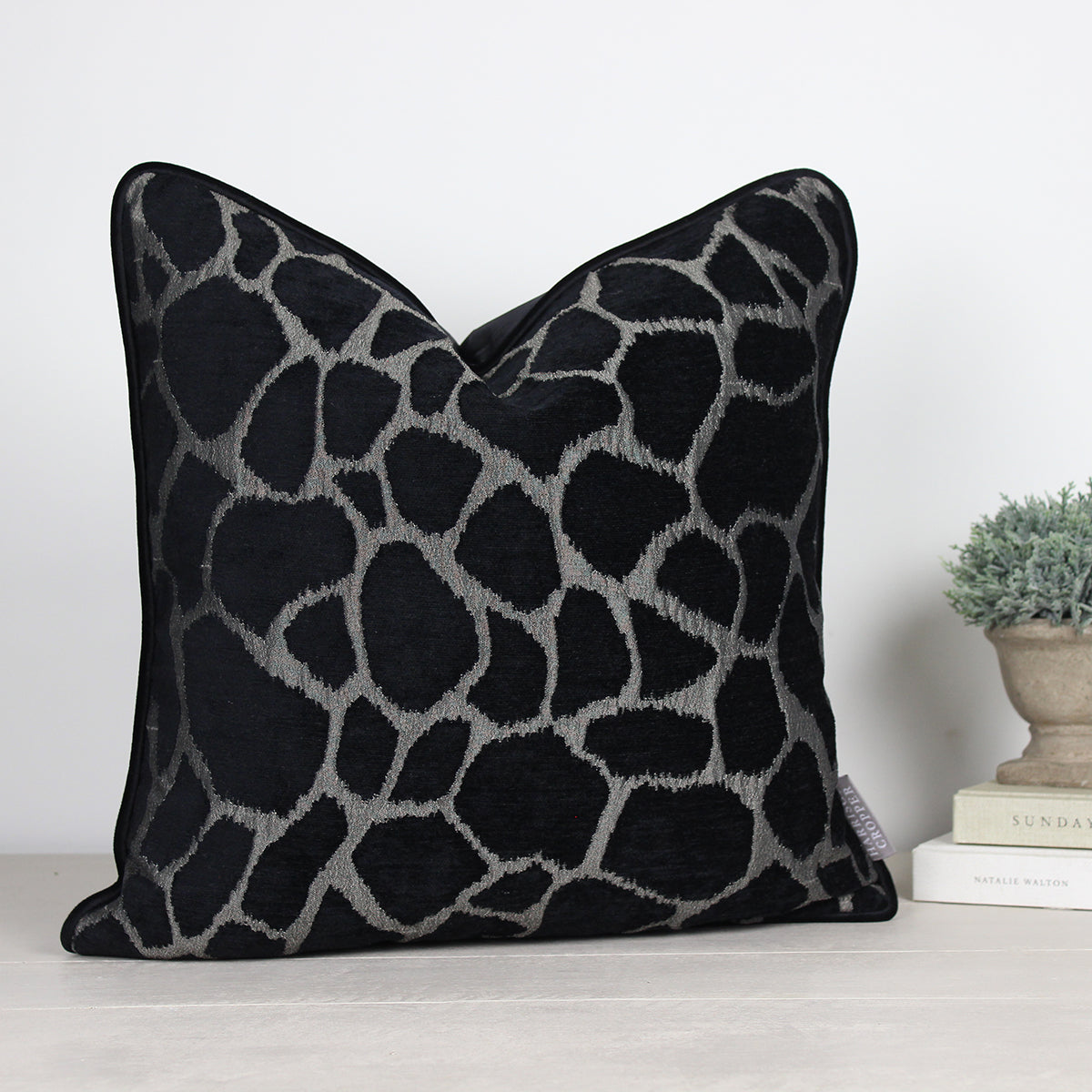Kenya Silver & Black Giraffe Piped Cushion