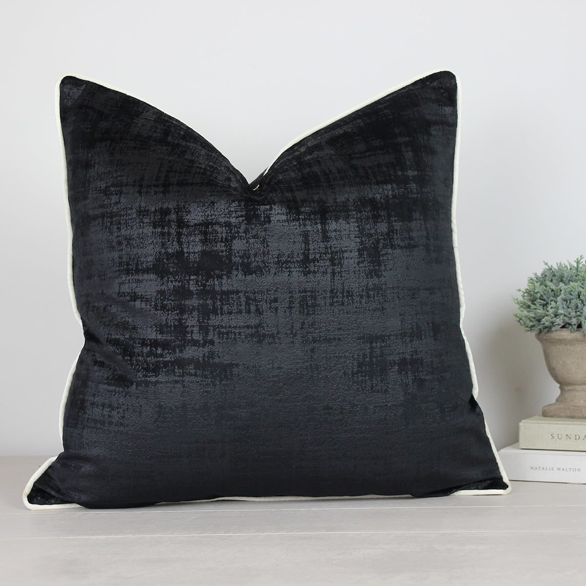 Azurite Black Cushion with Ivory Piping
