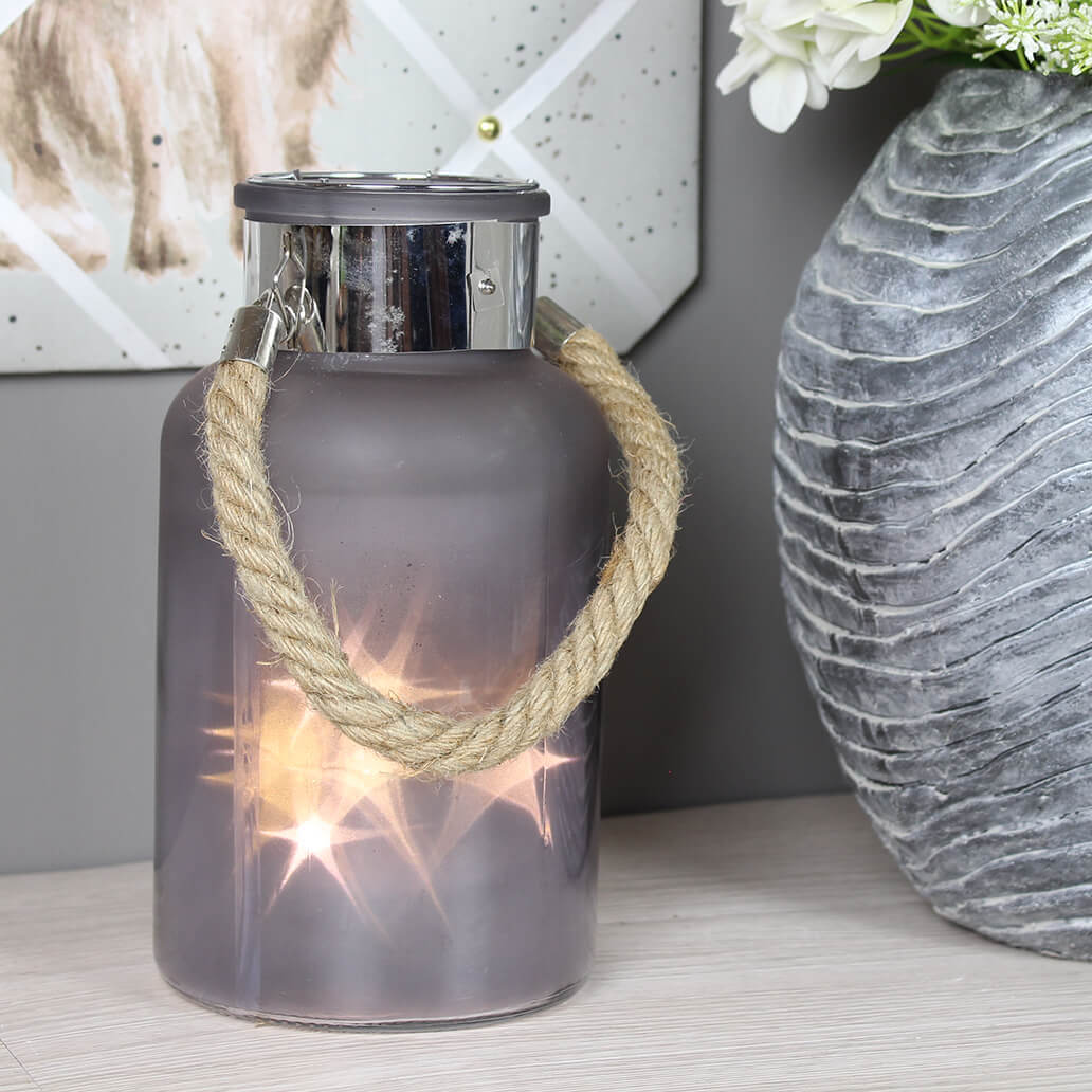 Large Frosted Glass Jar with Rope Detail and Interior LED Lights