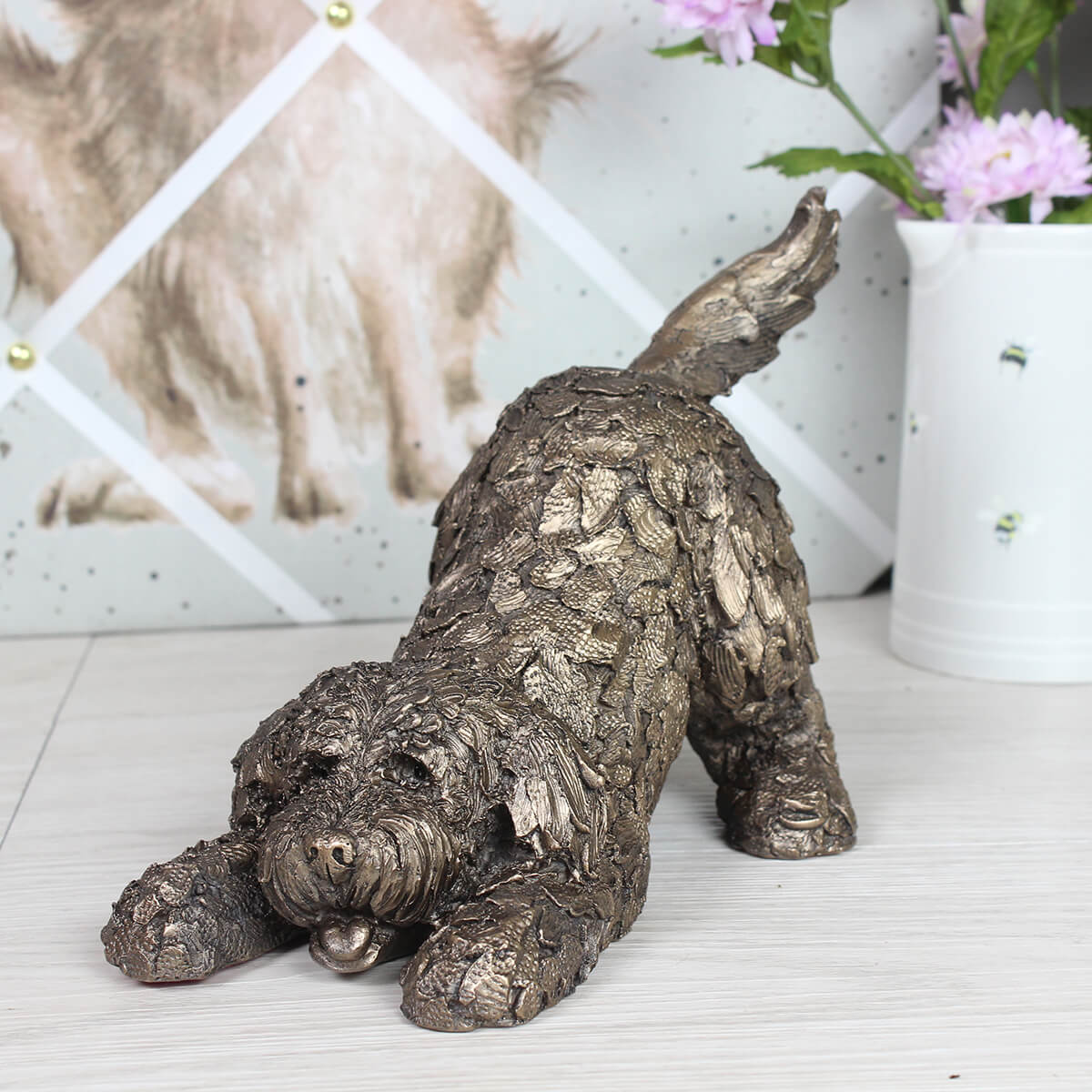 Barney Playing Cockapoo Frith Bronze Sculpture
