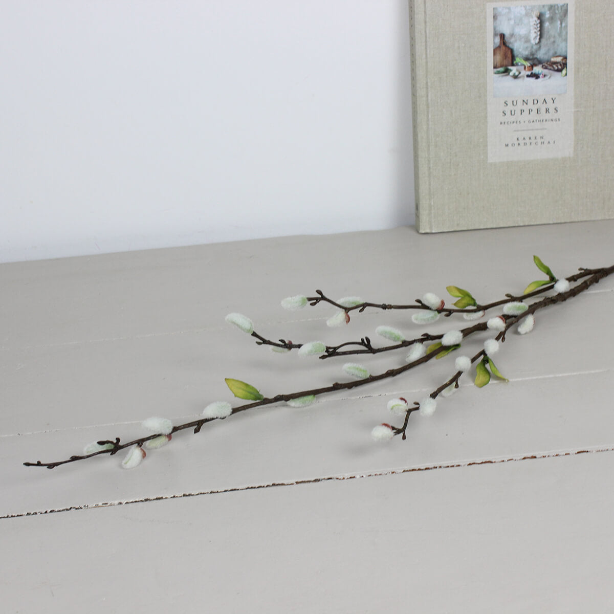 Faux Pussy Willow Stem with Leaves