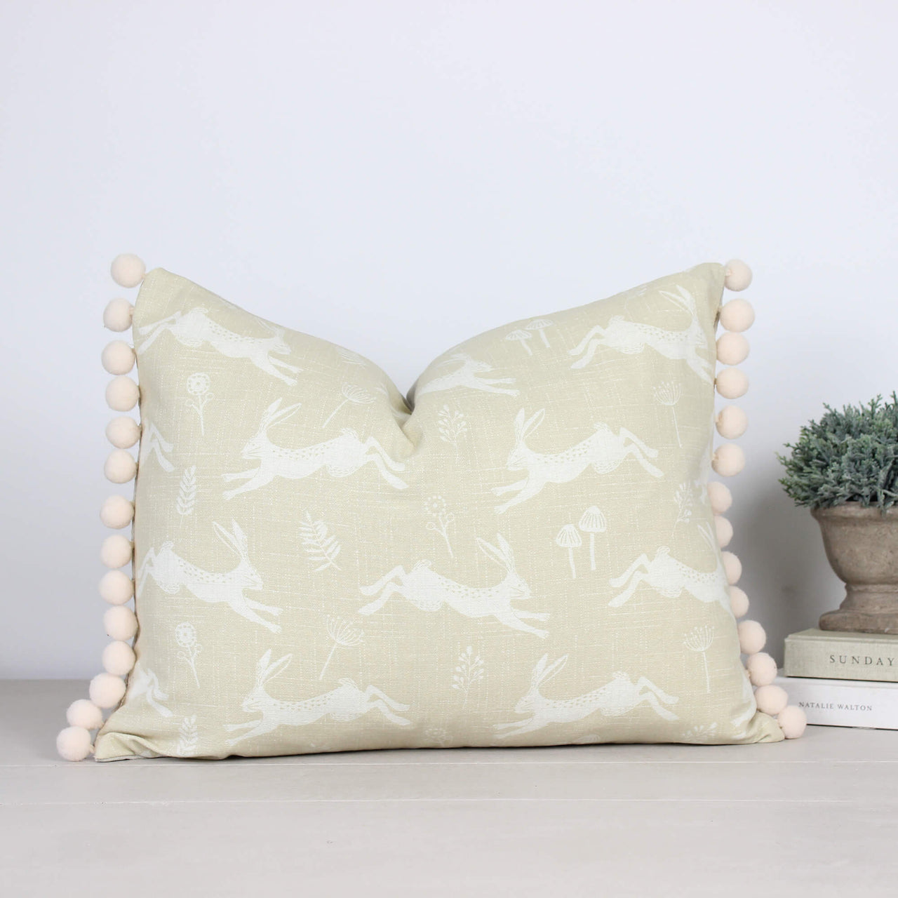 Natural Jump Hare Pom Pom Cushion