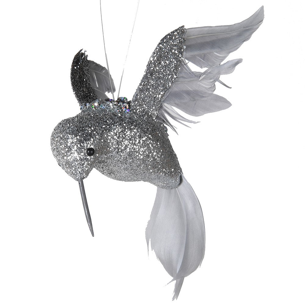 Glittery Silver Feather Hanging bird