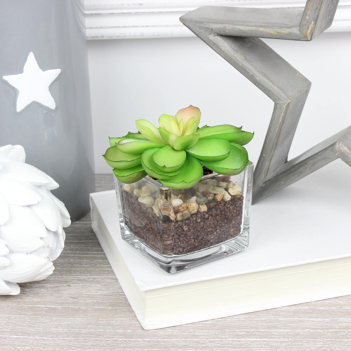Faux Miniature Succulent in Glass Pot