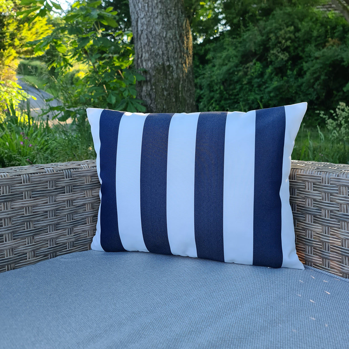 Navy & White Stripe Rectangle Water Resistant Cushion
