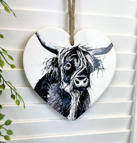 Thumbnail for Highland Cow Ceramic Black & White Heart Hanger