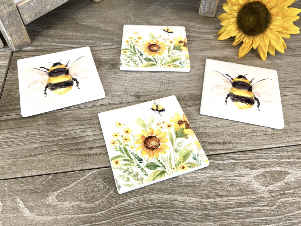 Set of 4 Ceramic Bee & Sunflower Coasters