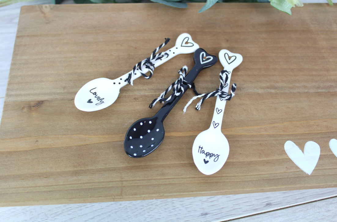 Set of 3 Black and White Ceramic Spoons