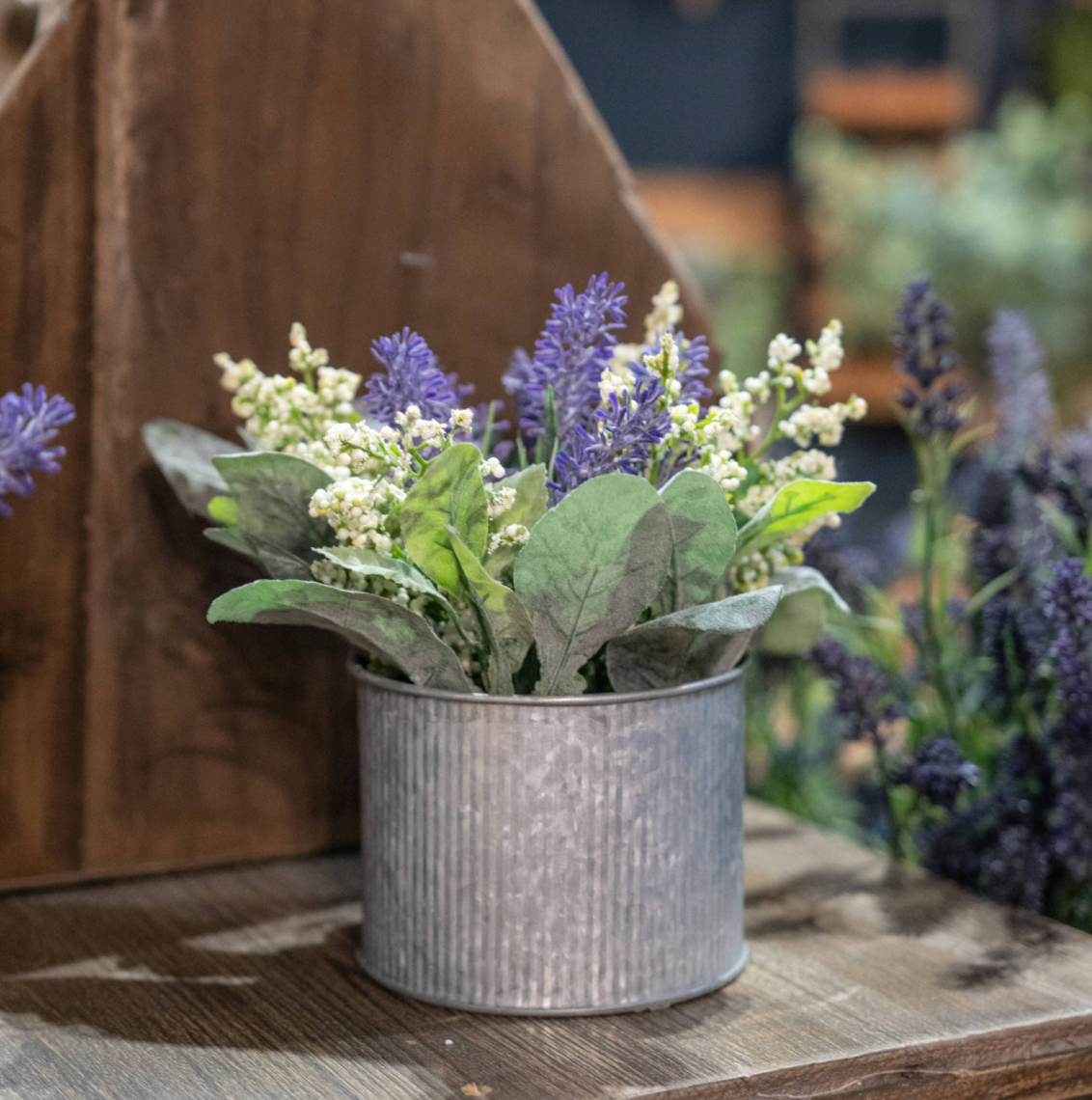 Faux Lavender And Lily In Tin Pot