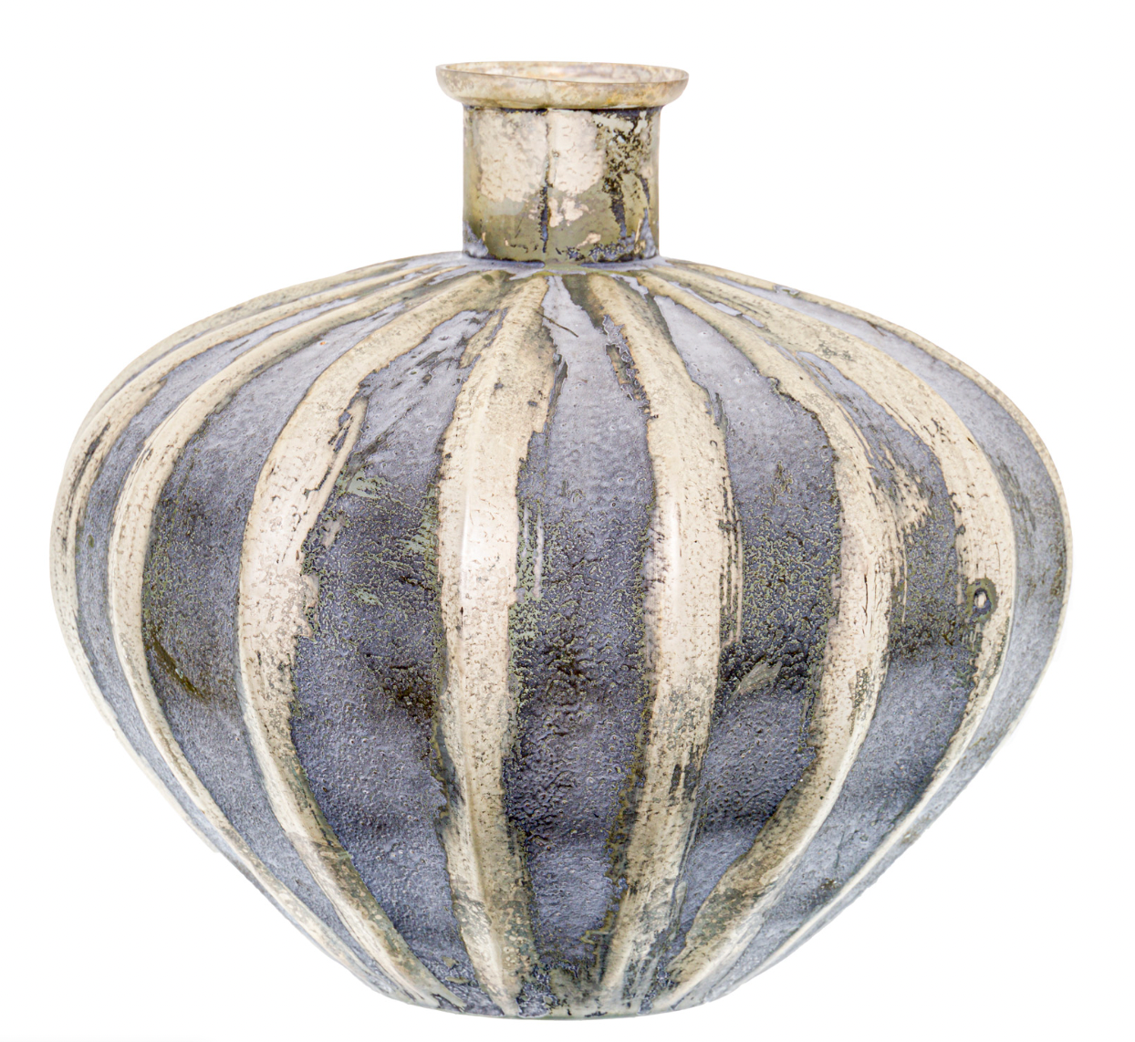 Burnished And Grey Striped Squat Vase