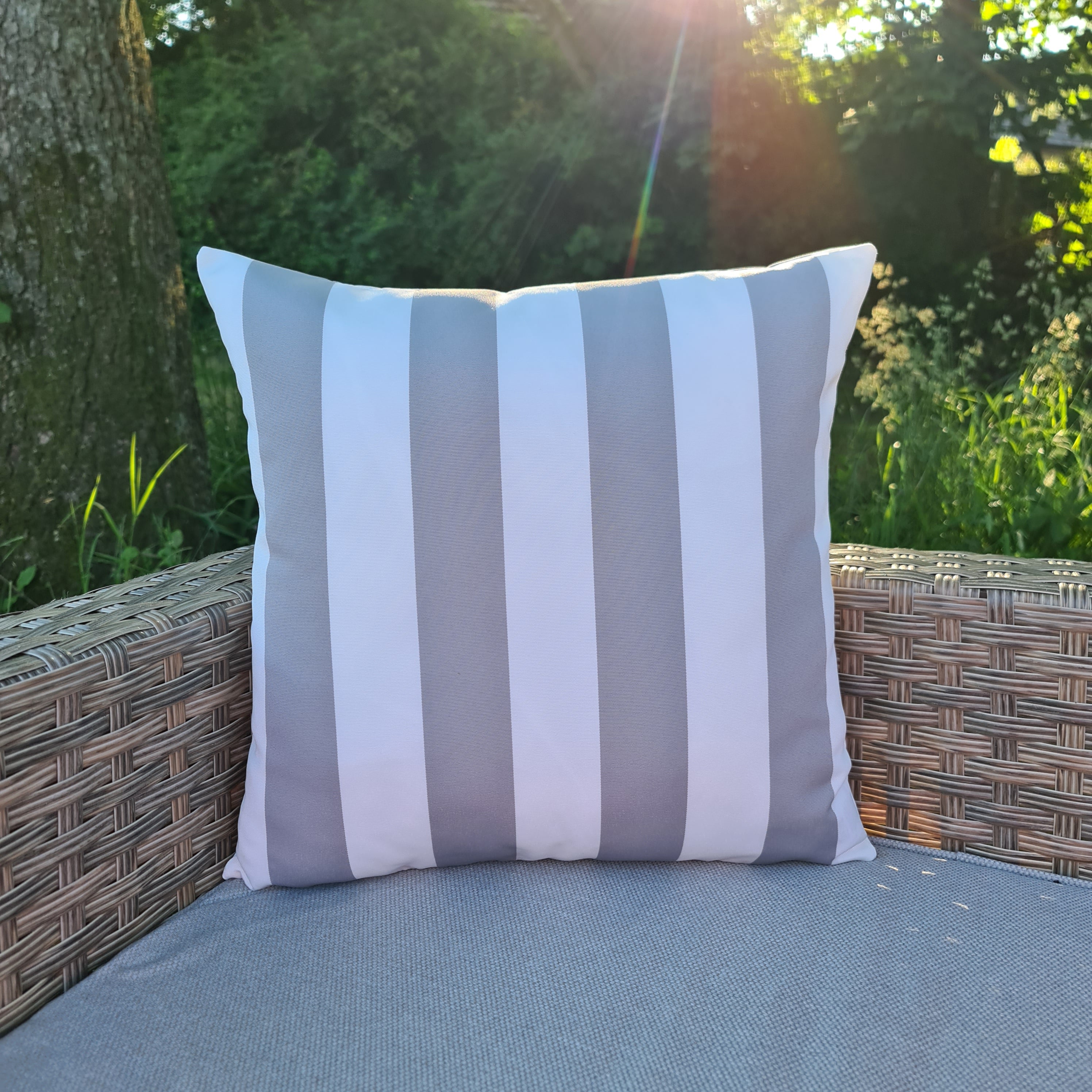 Silver & White Stripe Square Water Resistant Cushion