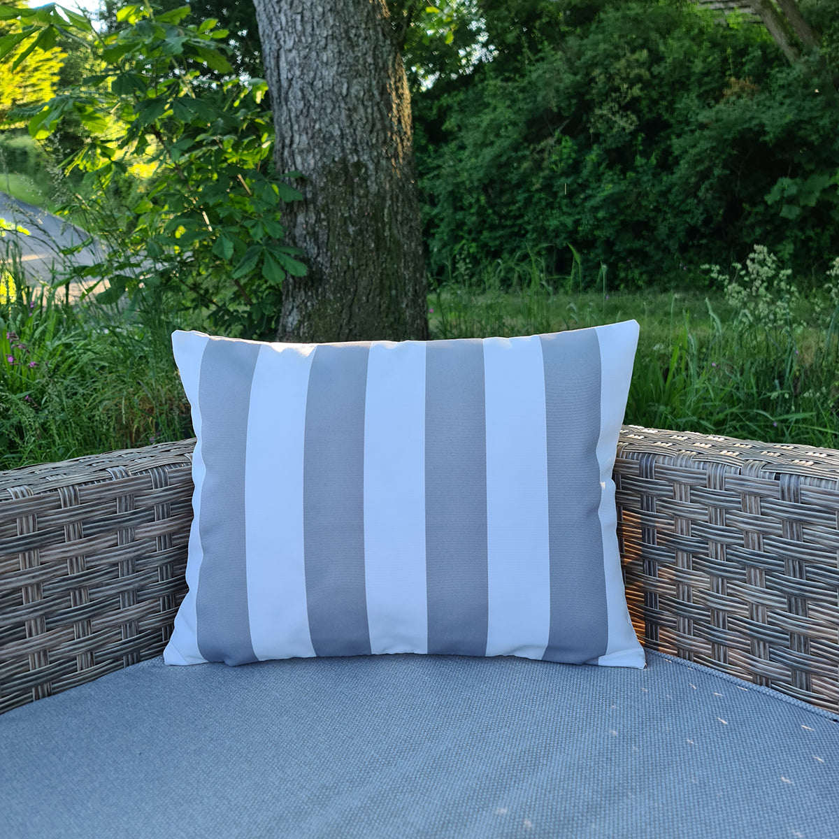 Silver & White Stripe Rectangle Water Resistant Cushion