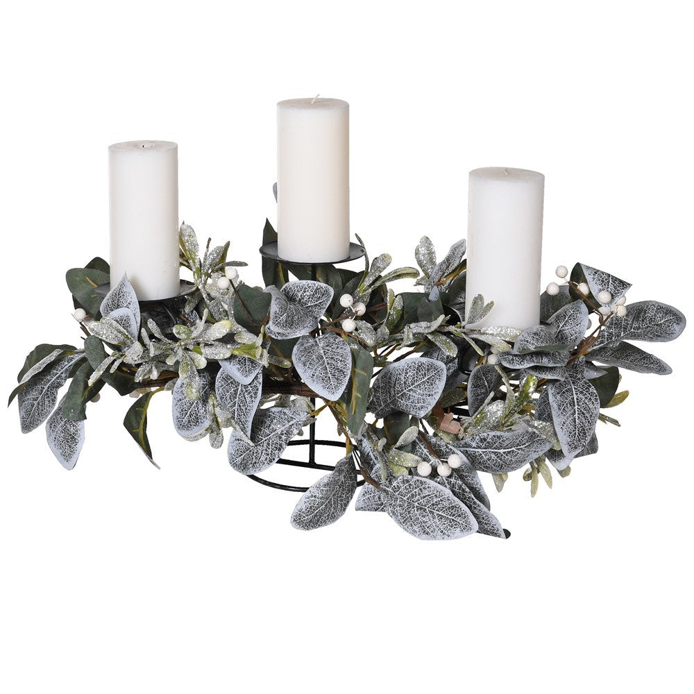 Frosted Eucalyptus and Mistletoe Three Candle Table Decoration