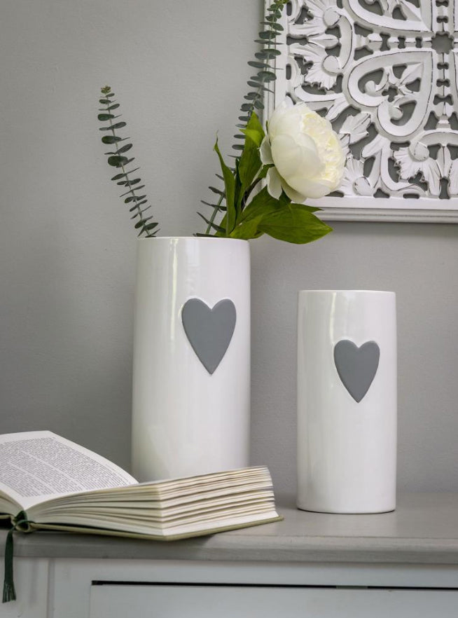 Small White Ceramic Vase with Grey Heart