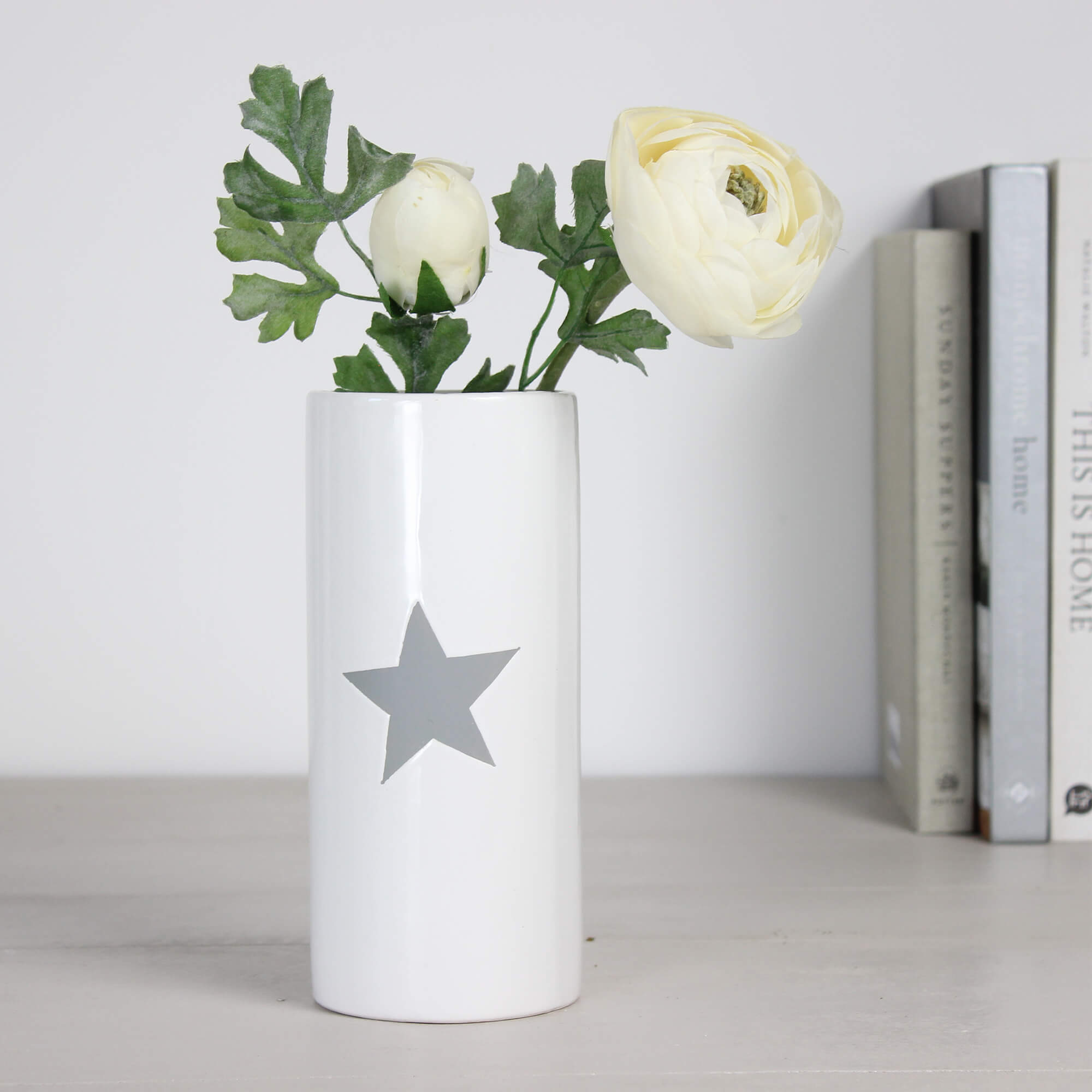 Small White Ceramic Vase with Grey Star