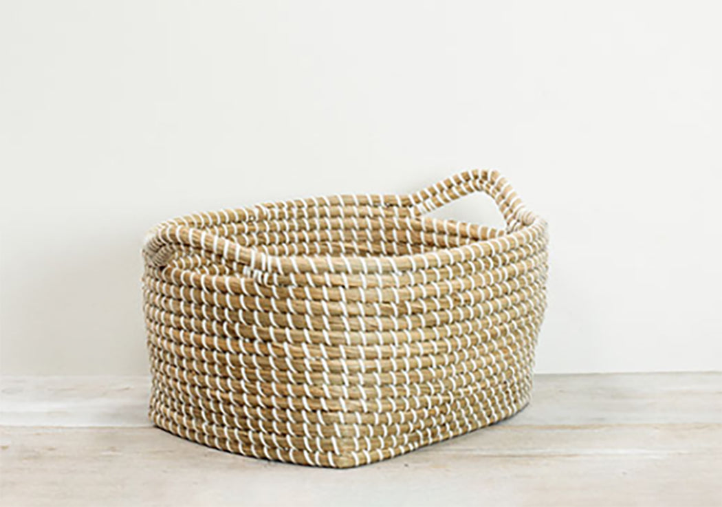 Small Rectangle Seagrass White Bound Basket with Handles