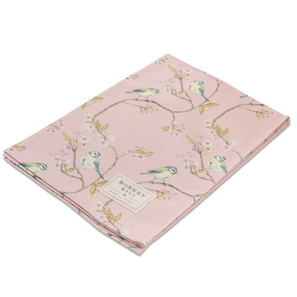 Mosney Mill Blue Tit on Blossom Pink Tea Towel