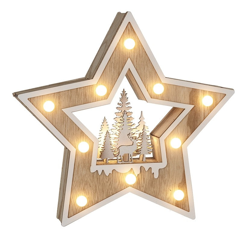 Wooden LED Star with Tree and Deer Scene