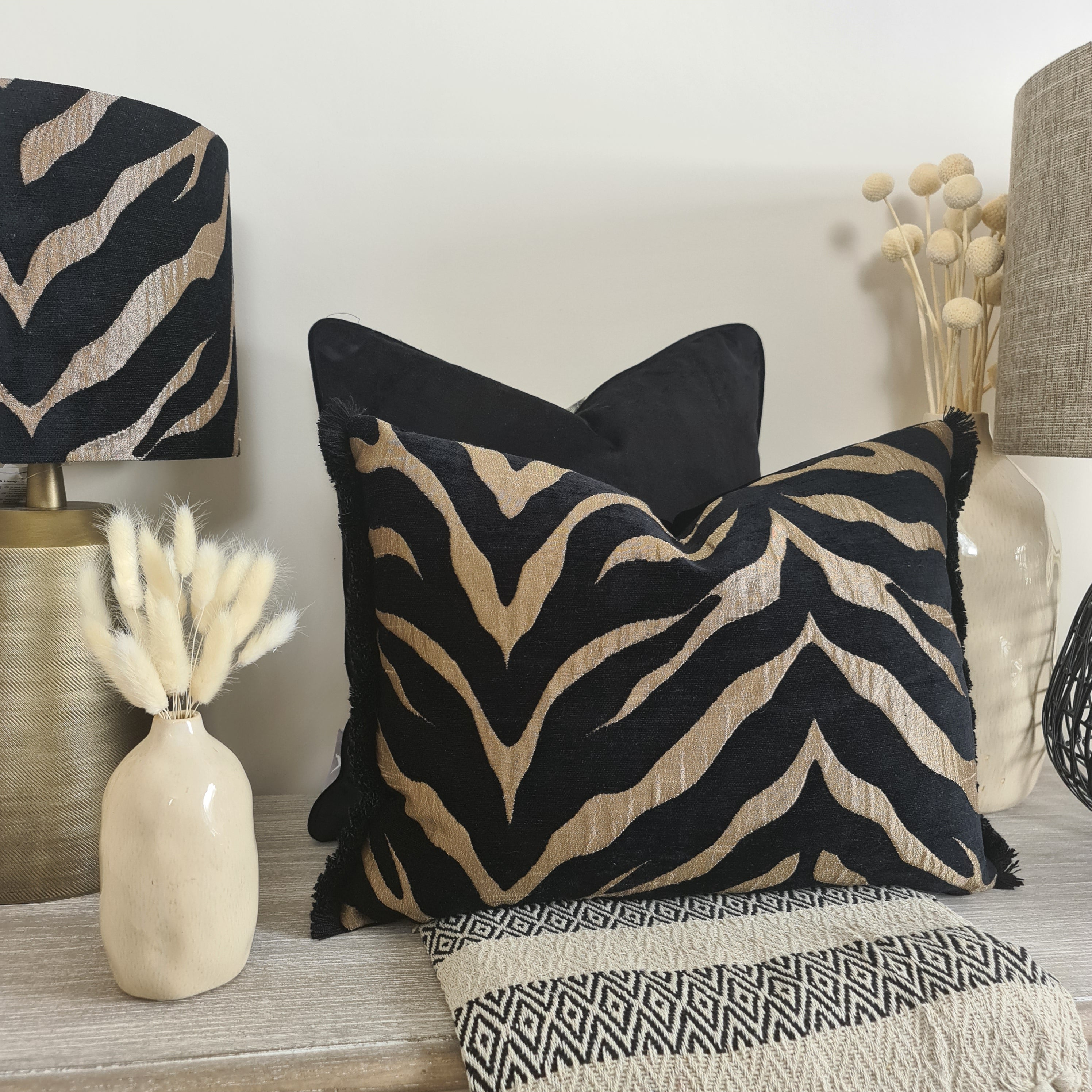 Limpopo Bronze Zebra Cushion with Fringe