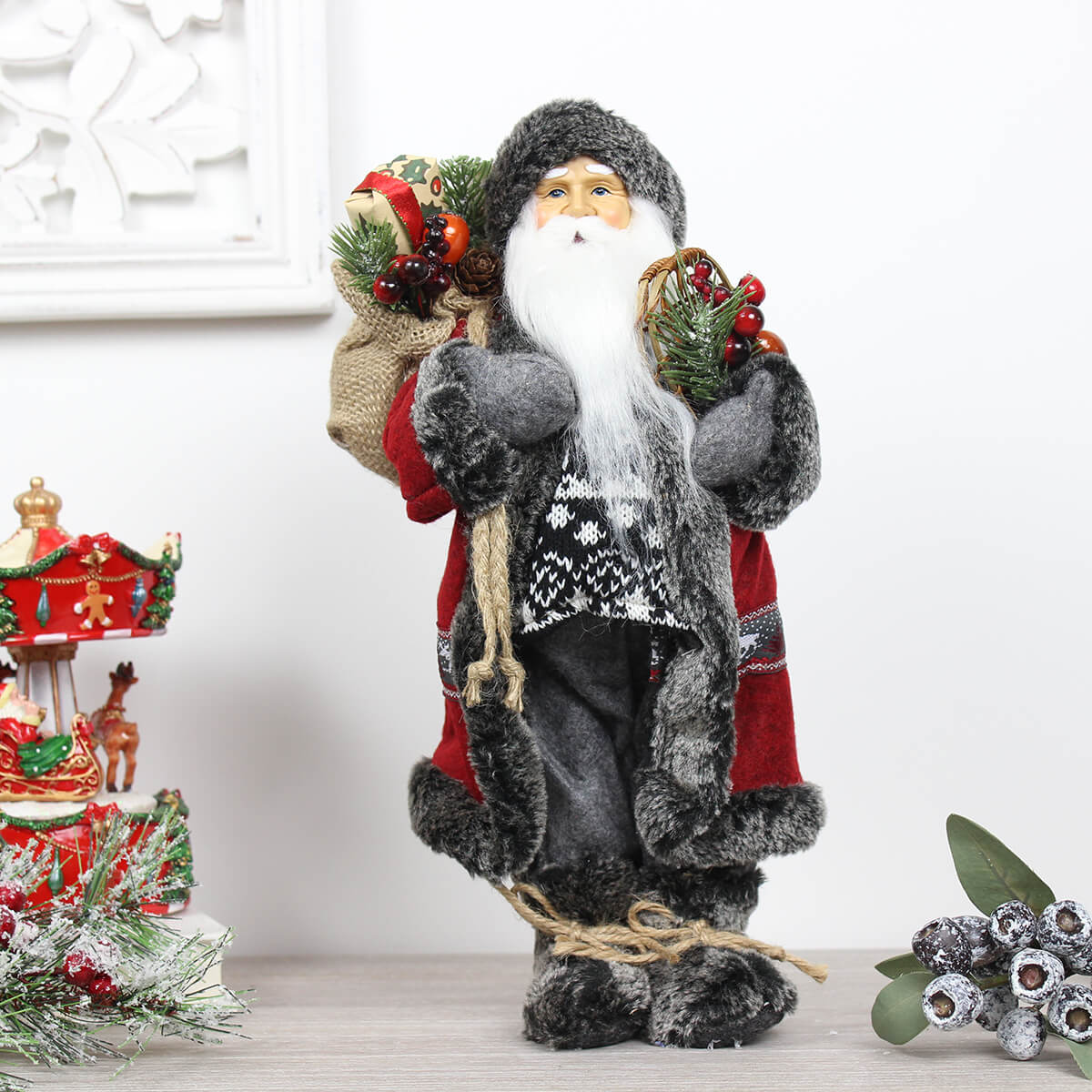 Plush Standing Santa Ornament with Knitted Jumper & Fur Coat