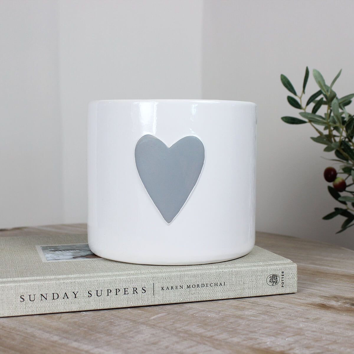 White Ceramic Flower Pot with Grey Heart